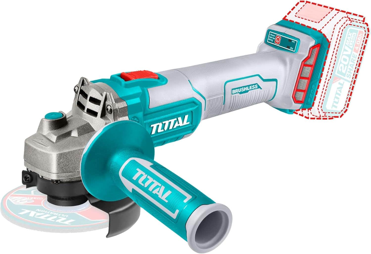 Total Professional cordless angle grinder with P20S battery, 20V, radial blade with 115mm disc, brushless motor - Turquoise