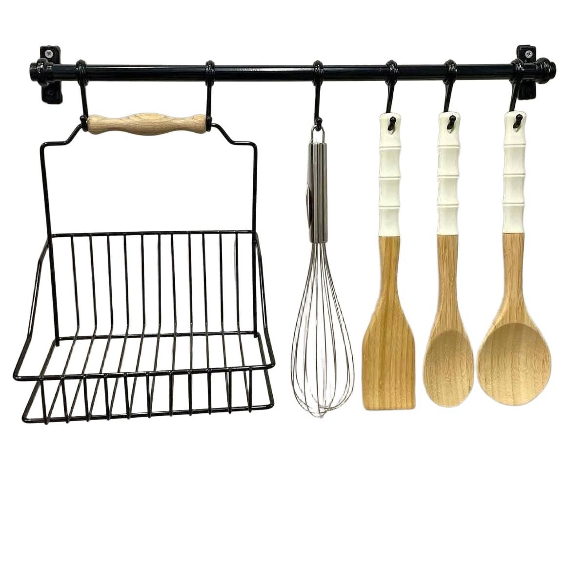 Metal Pipe with Sauce Holder & 5 Hooks - 60cm, Black