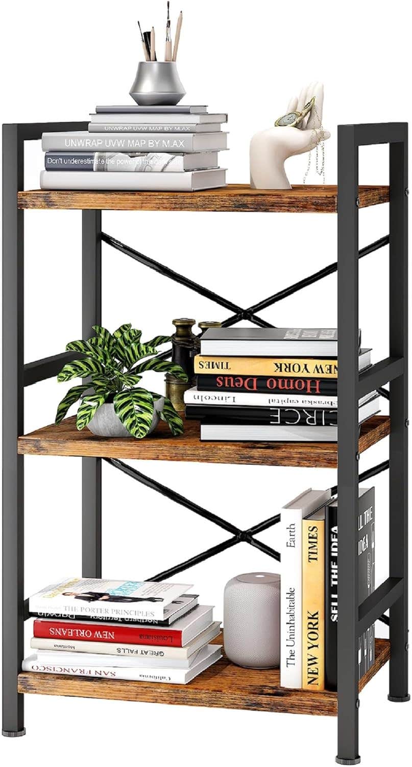 Homeiju 3 Tier Industrial Bookshelf - Rustic Brown Metal Etagere Storage Shelf