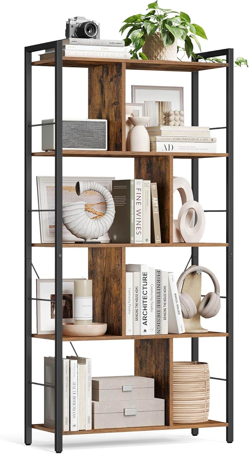 VASAGLE 5-Tier Industrial Bookshelf, Rustic Brown/Black, Open Compartments, Adjustable Shelves