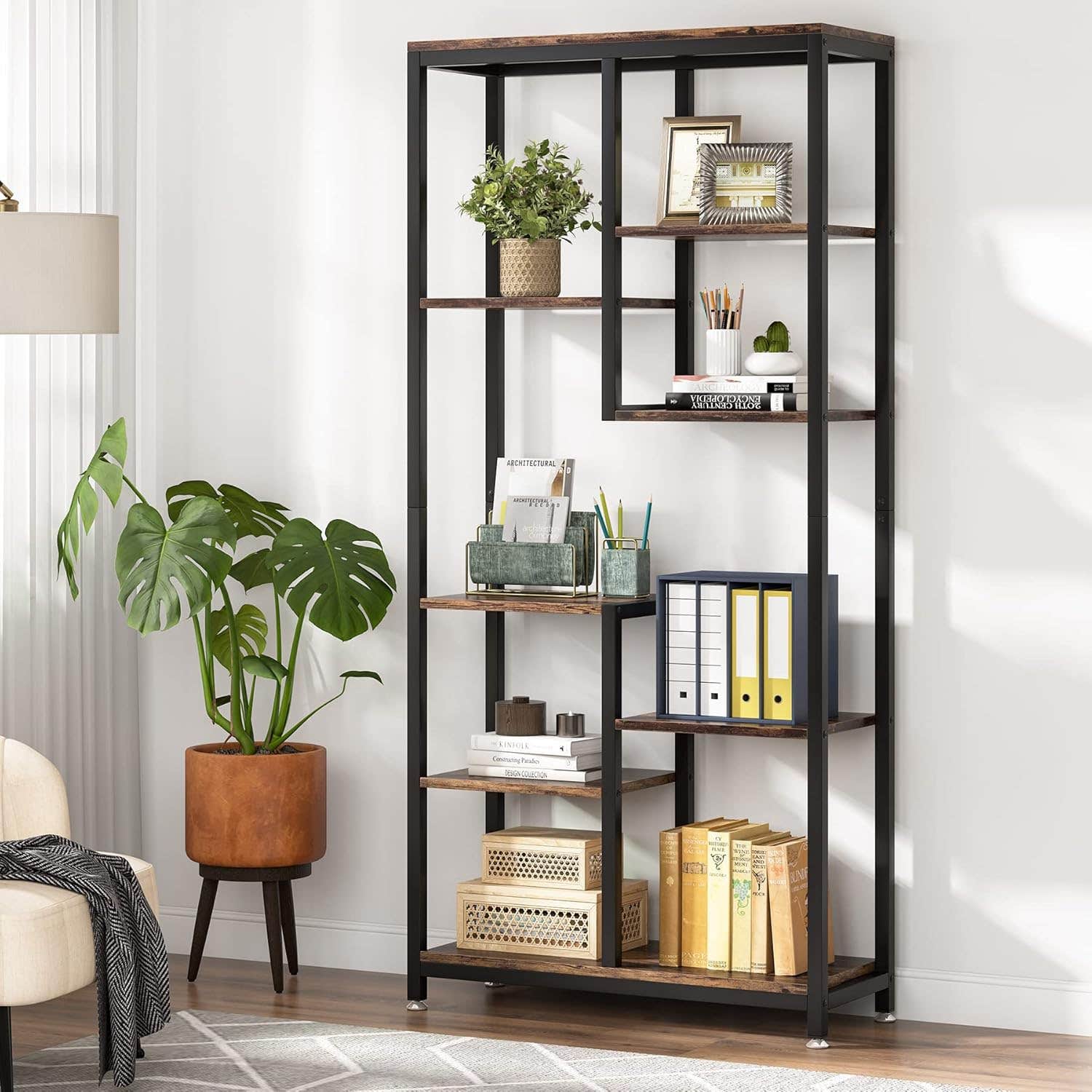 Tribesigns 8-Shelf Industrial Bookcase, Rustic Brown Tall Bookshelf for Living Room