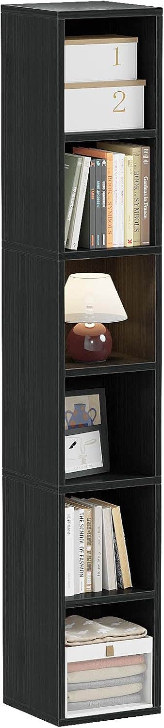Modern Black 6-Shelf Tall Narrow Bookshelf, Corner Bookcase - ALISENED