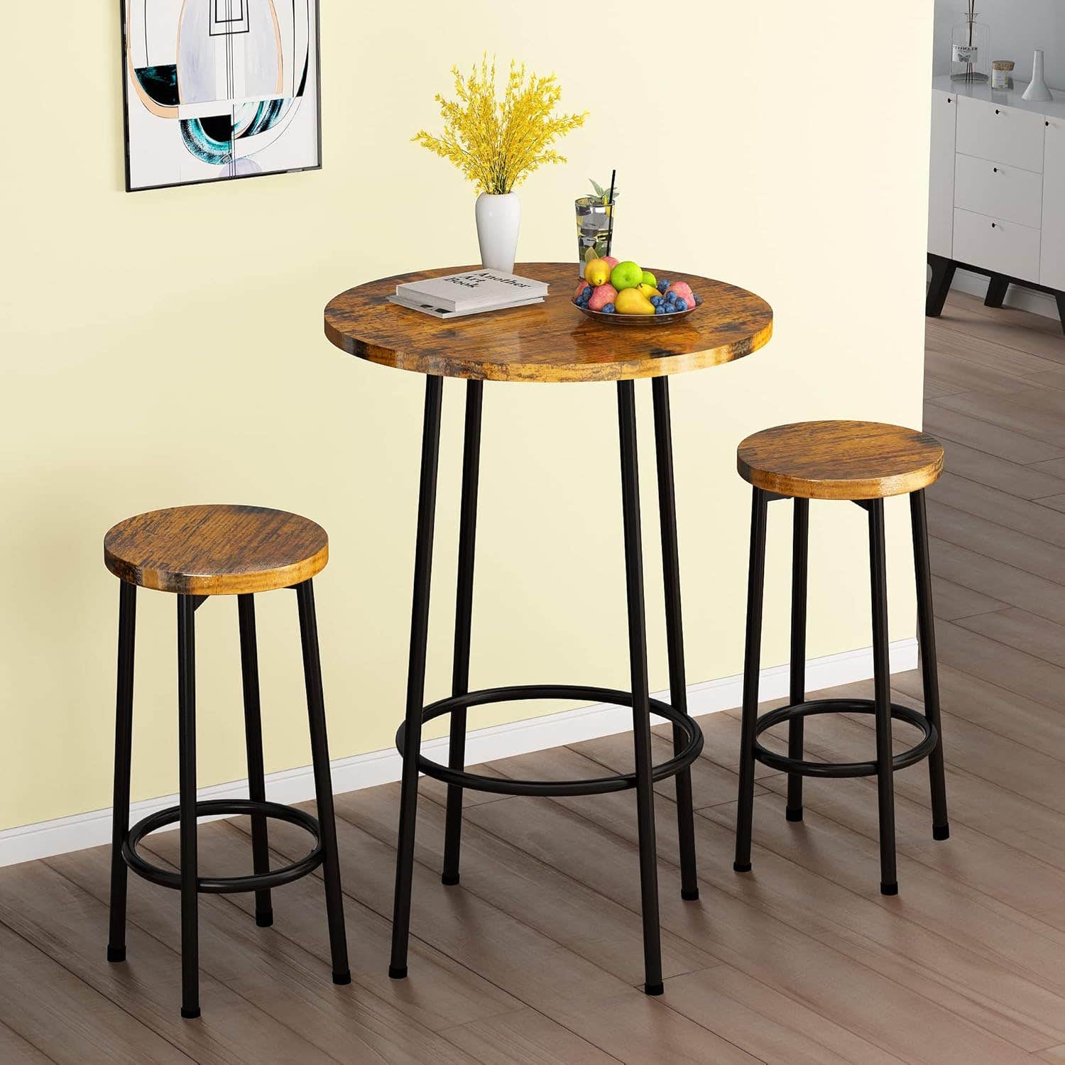 AWQM Rustic Brown 3-Piece Bar Table Set - Pub Table & 2 Stools - Counter Height Dining Set