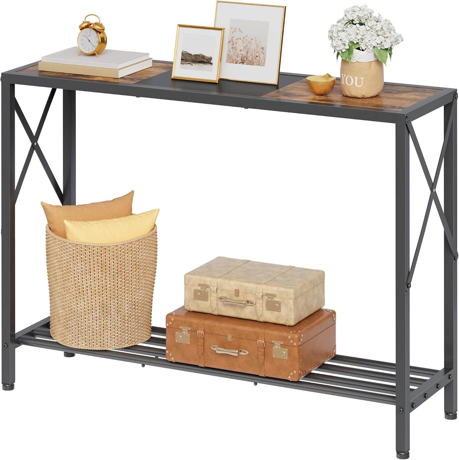 Tajsoon 2-Tier Industrial Console Table, Rustic Brown 41.8” Entryway Sofa Table