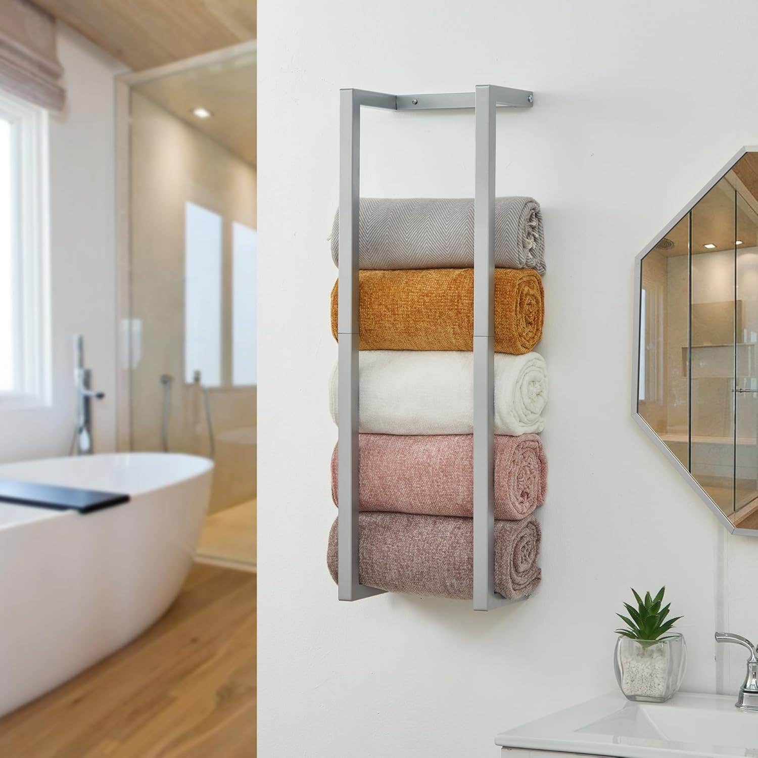 Roeveca Silver Metal Bathroom Towel Rack | 3 Compartment Rolled Towel Holder