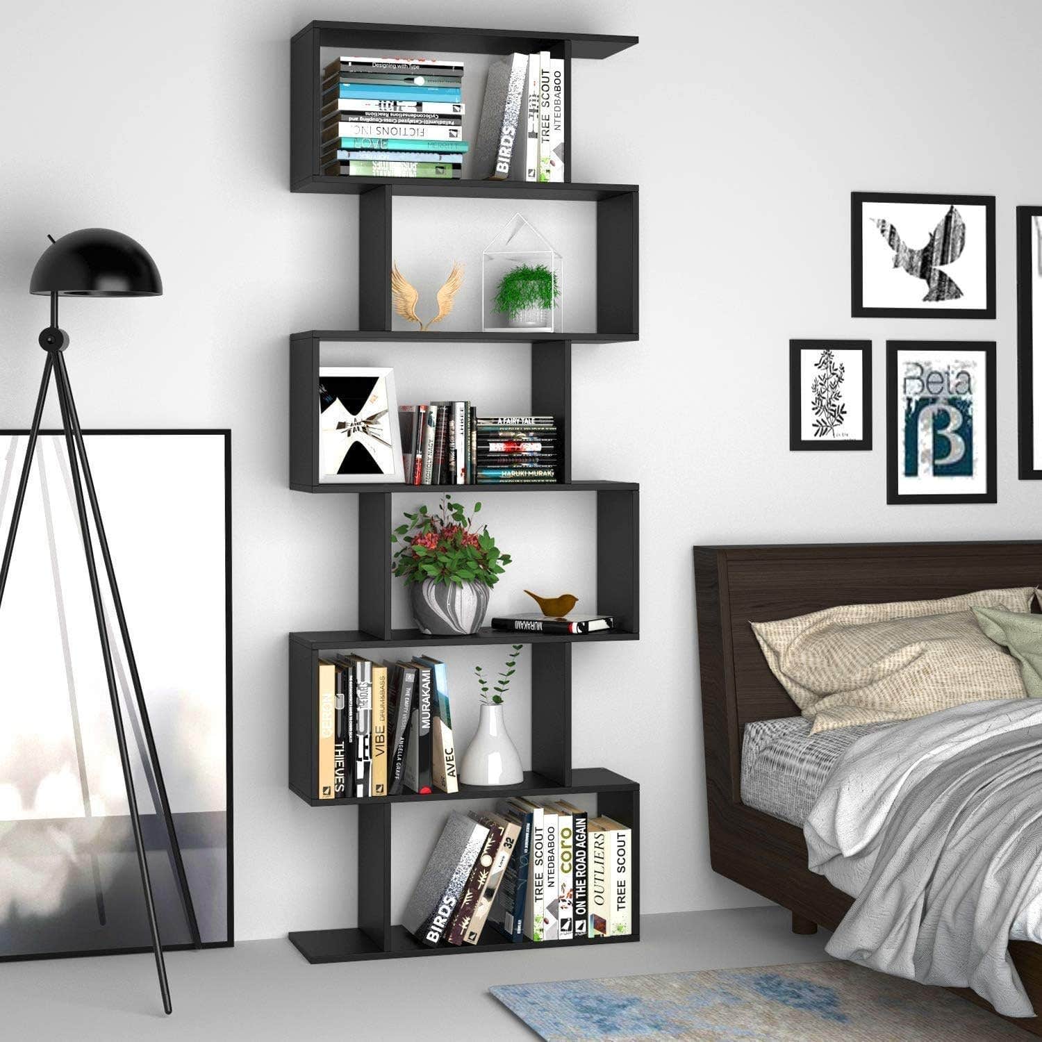 Panana 6 Tier S-Shape Wooden Bookshelf in Black - Eco-Friendly Freestanding Display Shelf