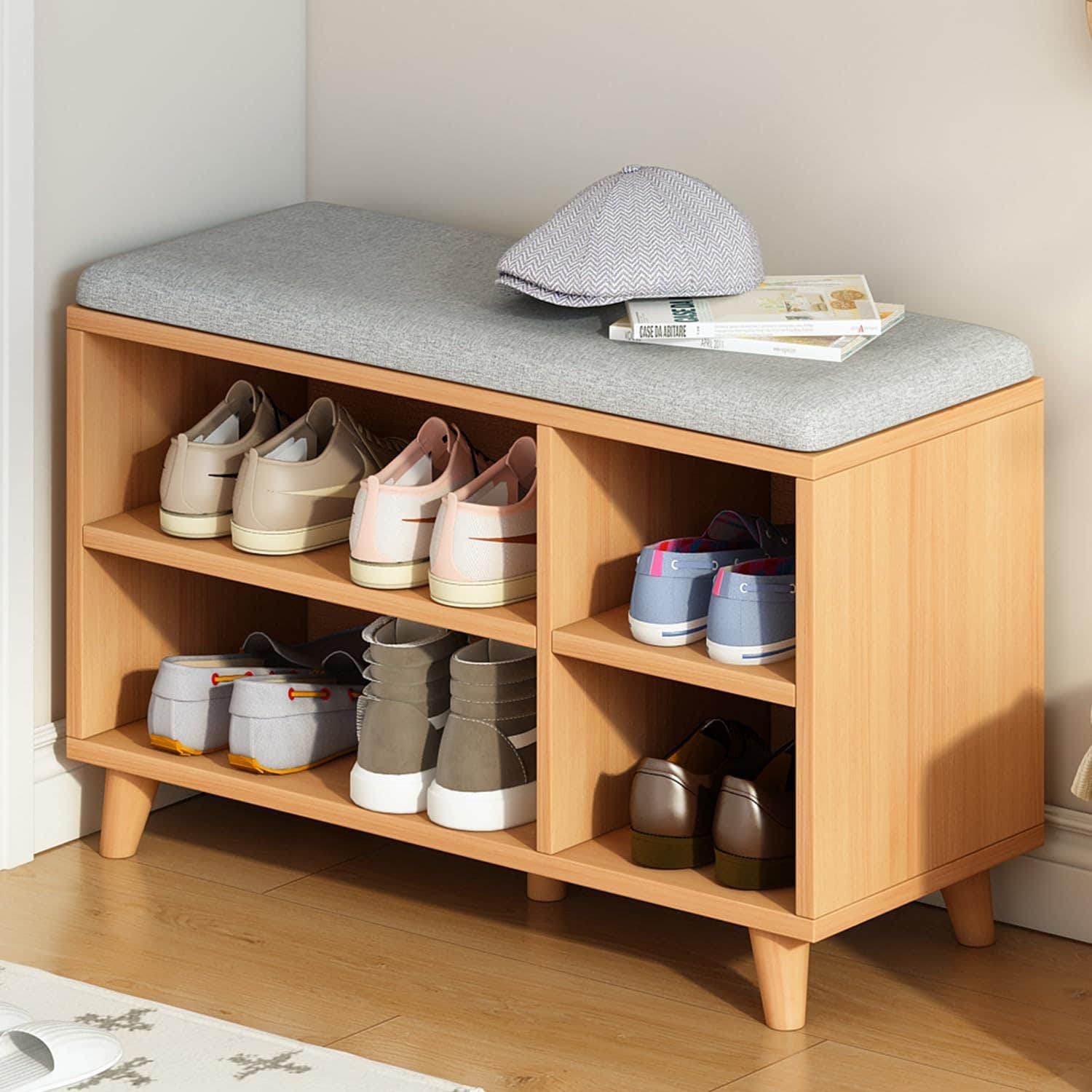 IOTXY Oak Shoe Bench with Cushioned Seat & Storage Shelf - 2-Tier Footwear Rack