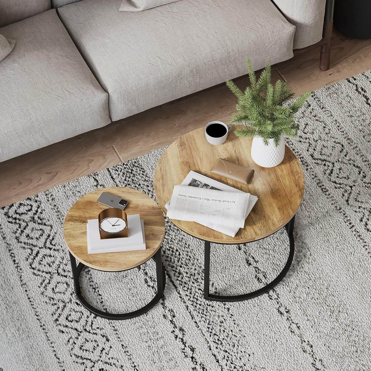 Semiocthome Nesting Coffee Table Set of 2, Modern Round End Table with Metal Leg - Brown
