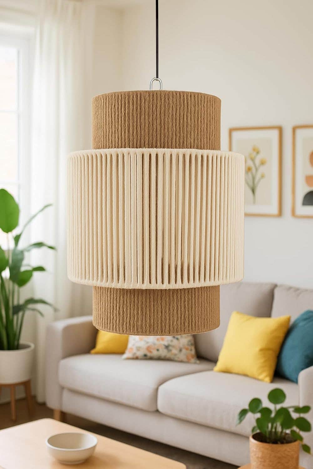 Mishkah Lighting Twine Cylinder Pendant Lamp with Thread and Jute - Rustic Charm and Modern Elegance