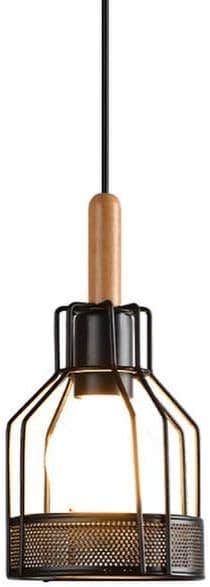 Mushkah Industrial Hanging Lamp - Black Wire Frame, Wood Finish