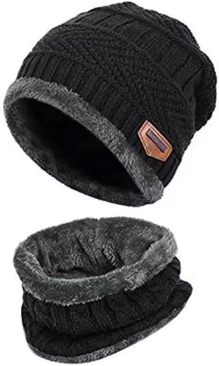 SWR Soft Thicken Ski Hat Set - Men & Women Winter Beanie Cap Scarf, Black
