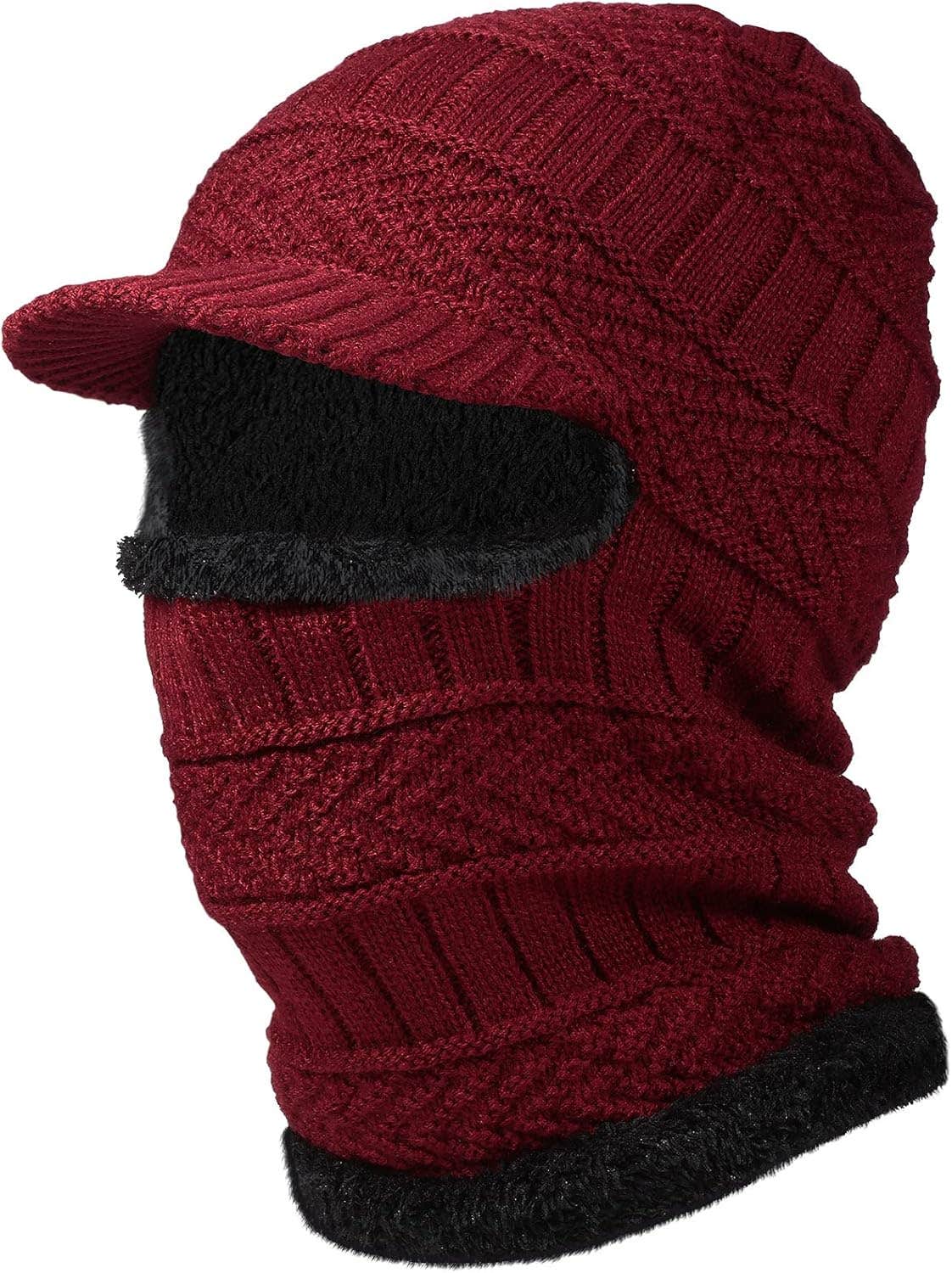 Syhood Knitted Balaclava Beanie Hat for Winter Skiing - Wine Red, One Size