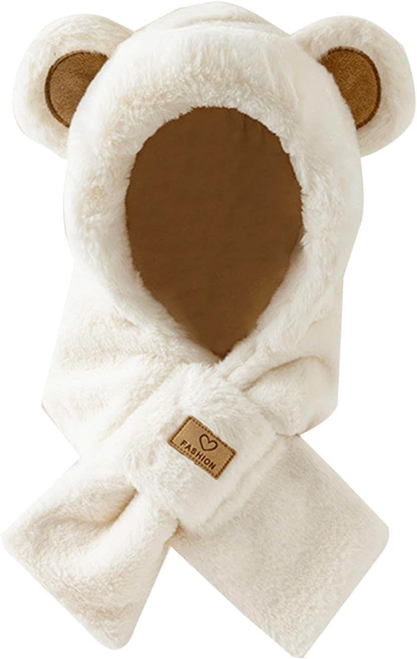 Feigujin Women's Kawaii Bear Ear Sherpa Fleece Beanie Hat Scarf - White