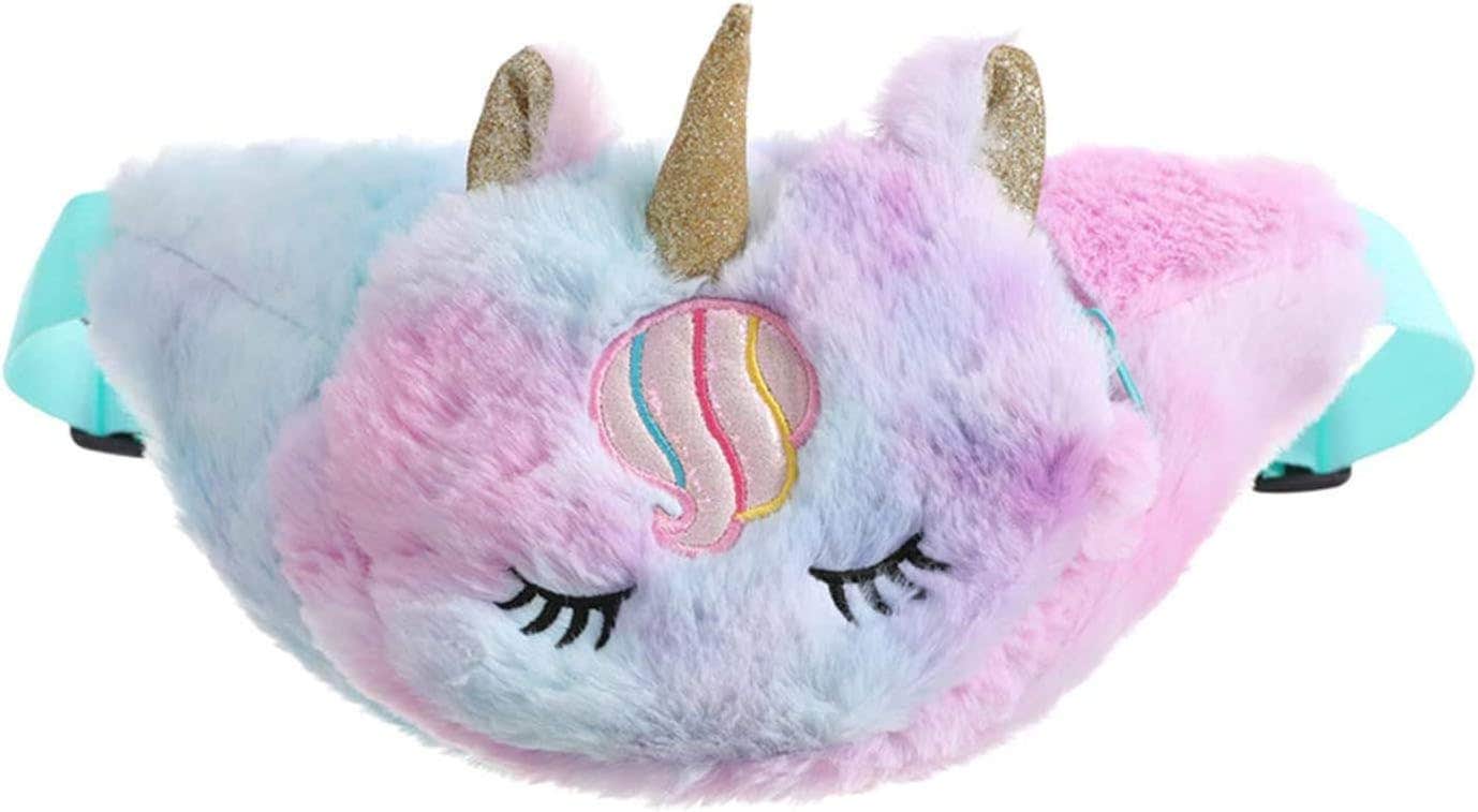 Samvardhan Rainbow Unicorn Plush Fuzzy Waist Bag for Kids Girls - Pink - Adjustable Strap