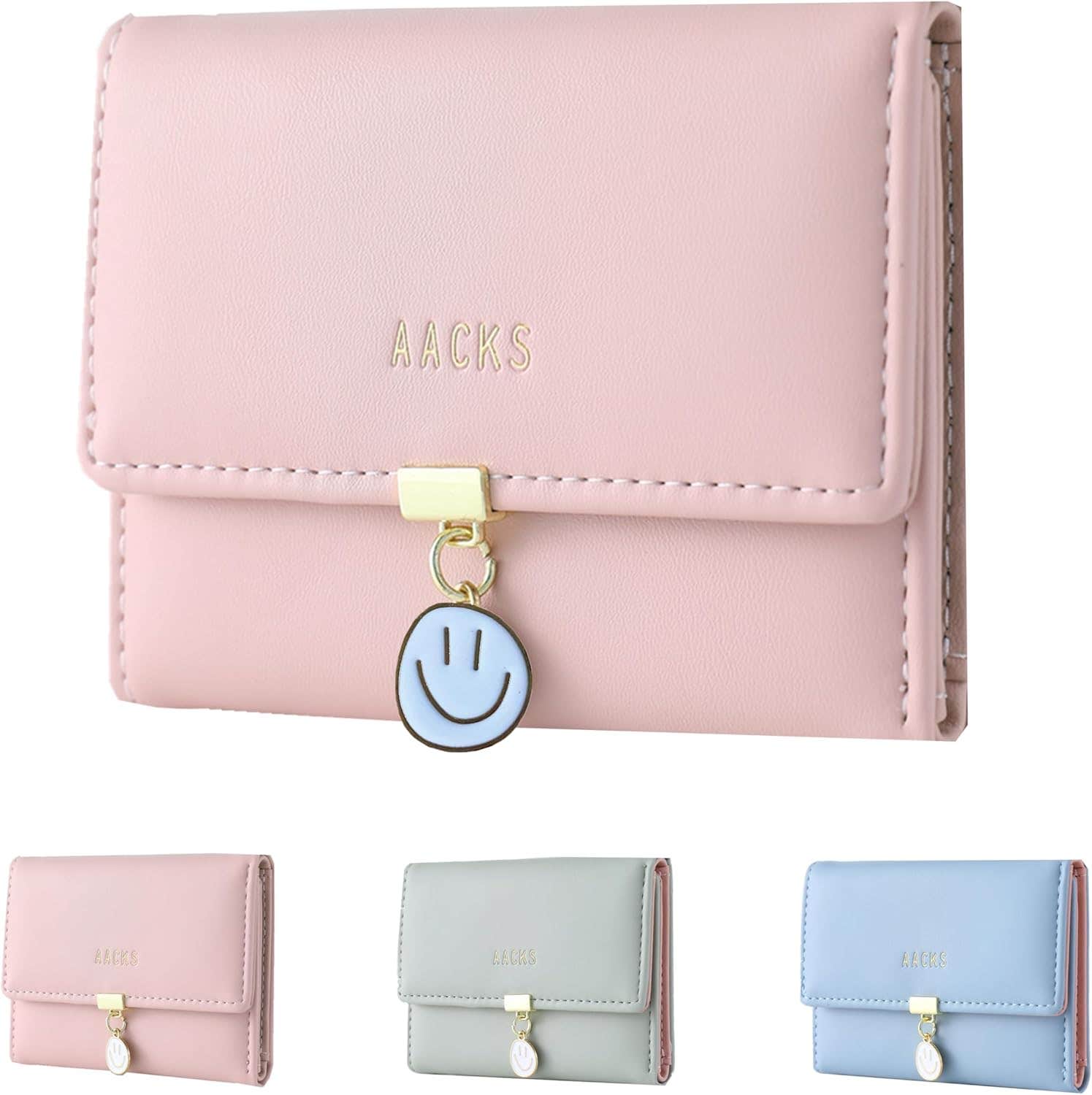 AACKS Pink Smile Wallet for Girls | Small Preppy Faux Leather Billfold