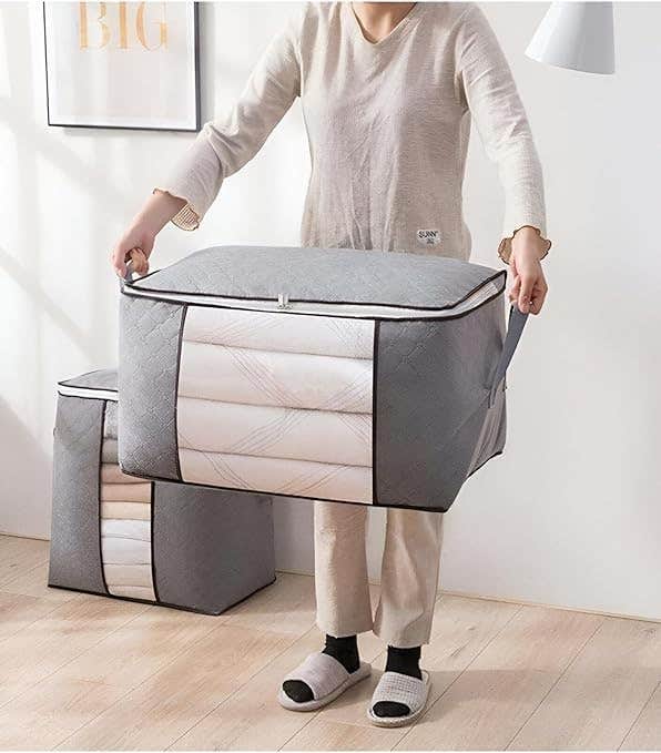Large Storage Bag with Clear Window, Grey, Quilted Non-Woven Fabric, Foldable Organiser for Blankets and Clothes (2)