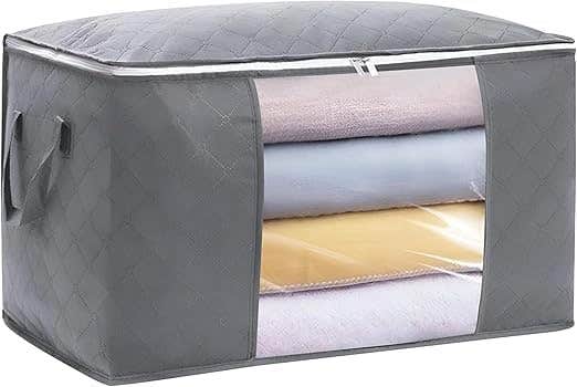 Large Storage Bag with Clear Window, Grey, Quilted Non-Woven Fabric, Foldable Organiser for Blankets and Clothes (12)