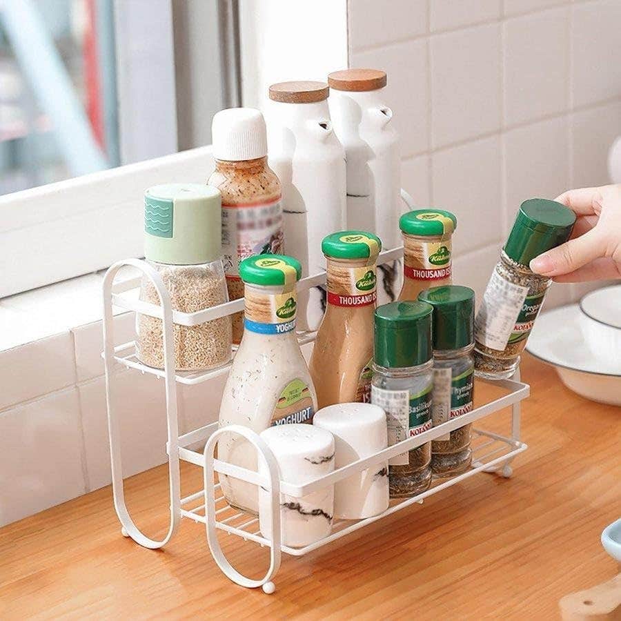 Kitchen Rack - Two-Tier Metal Organizer for Kitchen, Bathroom, and Pantry - Stylish Shelving Solution for Spices, Canned Goods, Shower Essentials, and Appliances - white color Option Available