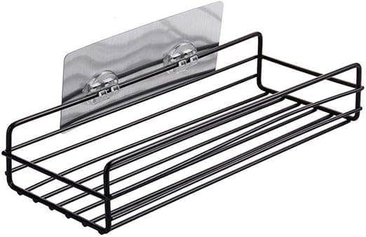 Wall Mounted Spice Rack Organizer, Black Metal Storage Shelf with Suction Cup, Single Tier Kitchen Bathroom Counter Organizer 2Piece
