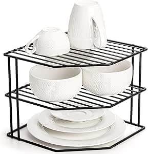 2-Tier Corner Kitchen Counter Organizer Rack, Black Metal Storage Shelf, Space-Saving Design, Dish Rack Organiser (1)