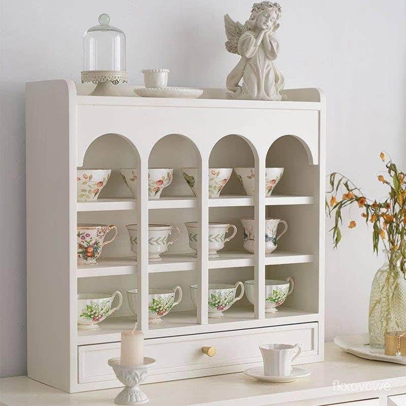 White Wooden Teacup Display Cabinet, Arched Shelves, Drawer Storage, Shabby Chic Style
