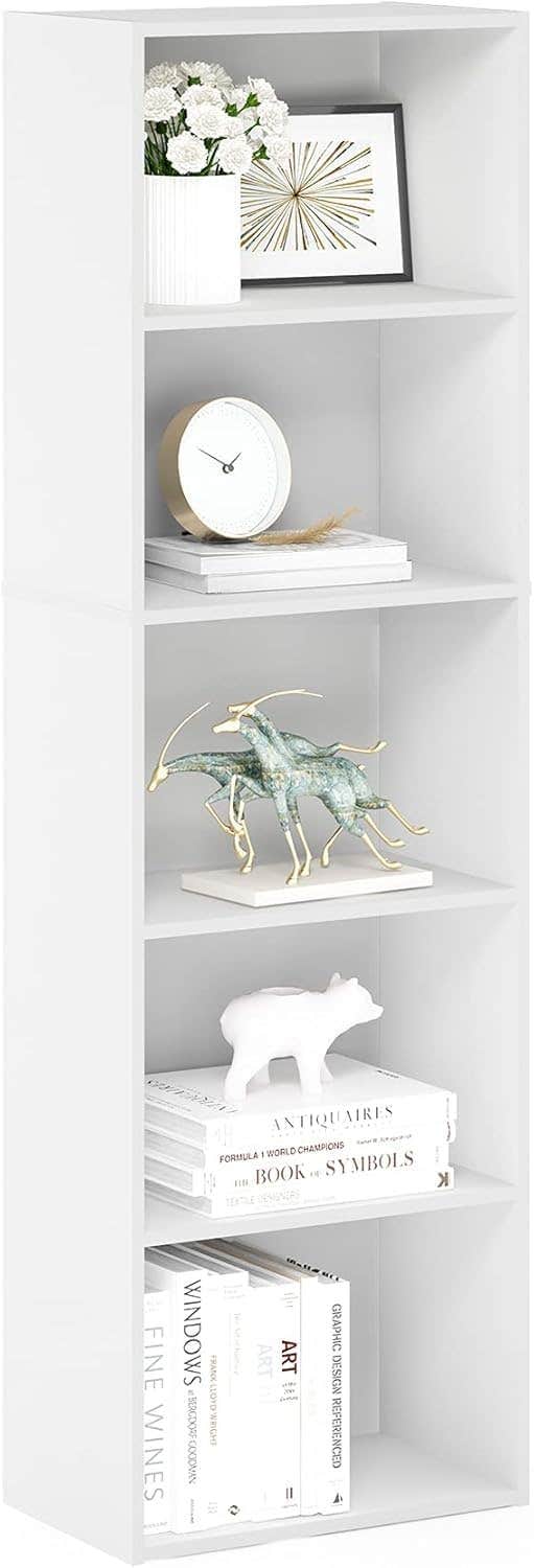 5-Tier White Bookcase, Modern Open Shelf Storage Unit, 40.1 cm Wide, 132.1 cm High