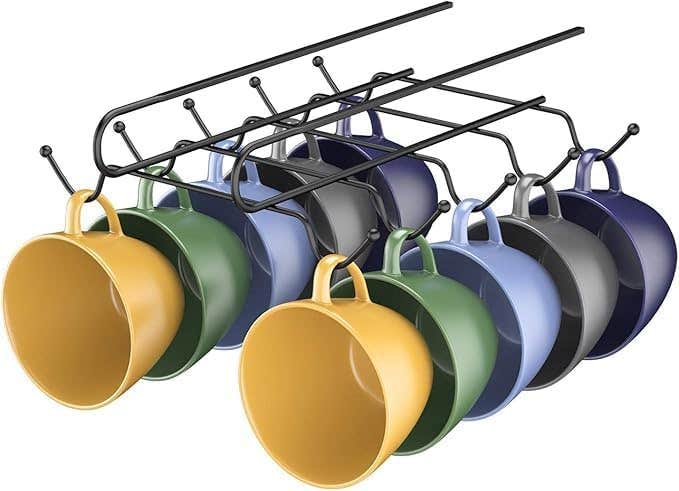 Metal Cup Holder Rail with 10 Hooks, Black