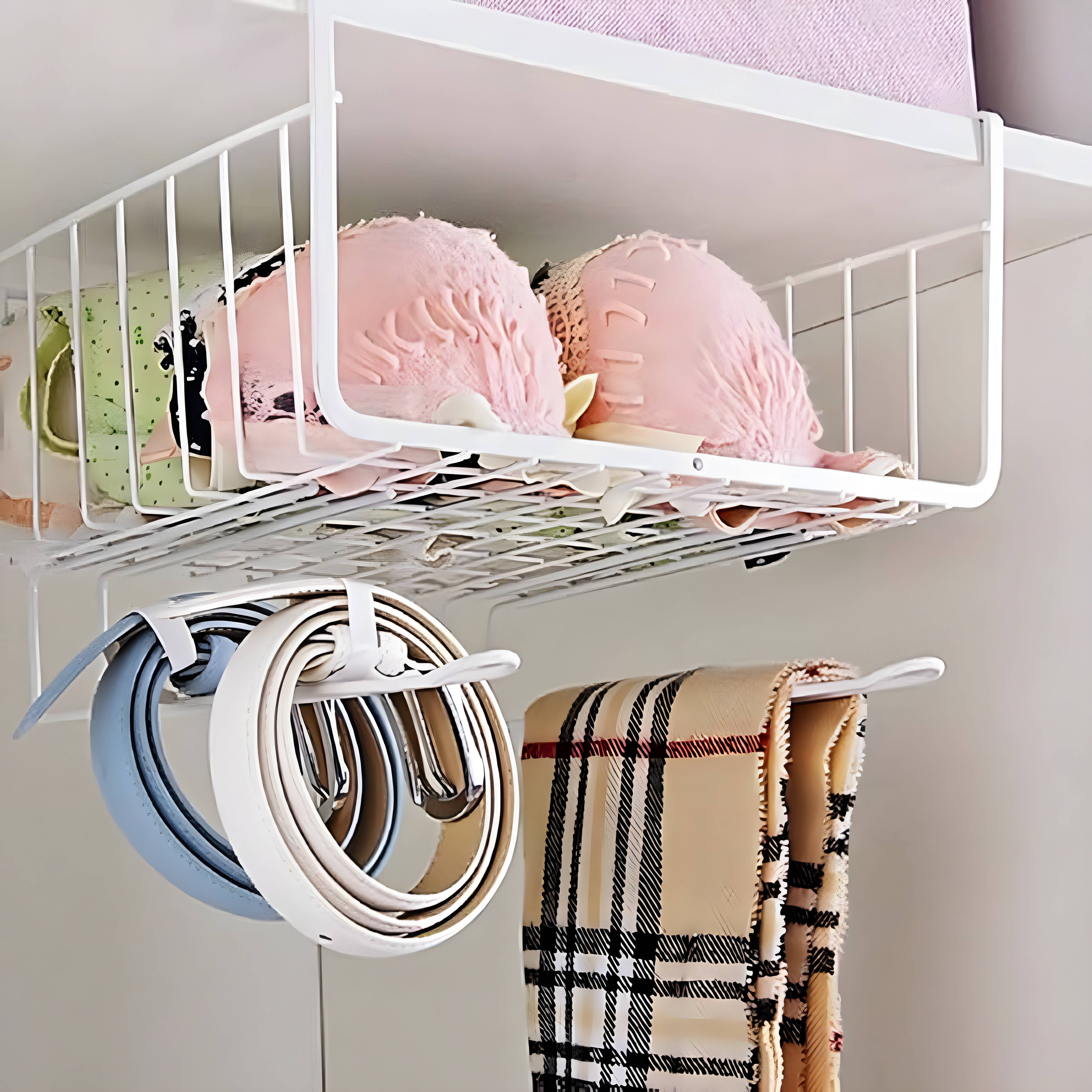 Under Shelf Storage Basket with Hanging Hooks - White