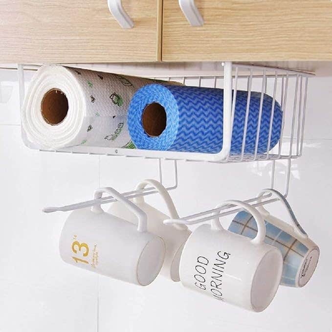 Under Shelf Storage Basket with Hanging Hooks - White