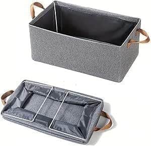 Fabric Storage Basket with Leather Handles, Grey Linen Organiser Bin for Shelves, Closet, and Home (15)