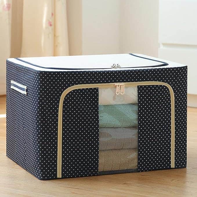 Fabric Clothes Storage Box with Clear Window, Navy Blue Polka Dot, Foldable Organiser for Wardrobe