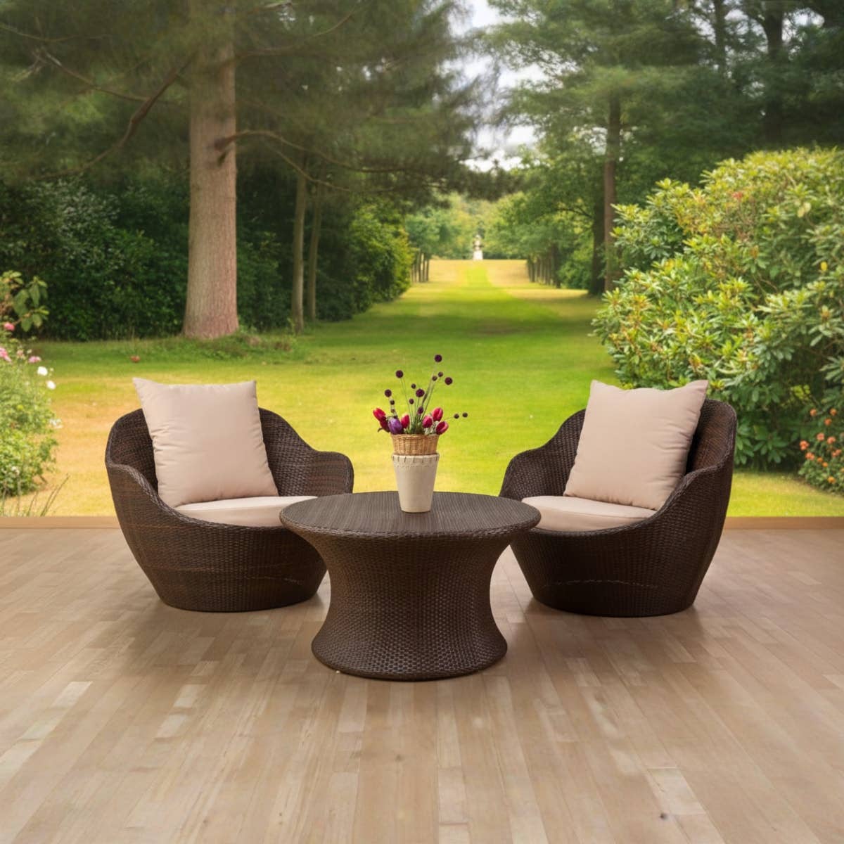 Modern Wicker Garden Furniture Set - Brown, 2 Chairs & Table with Beige Cushions