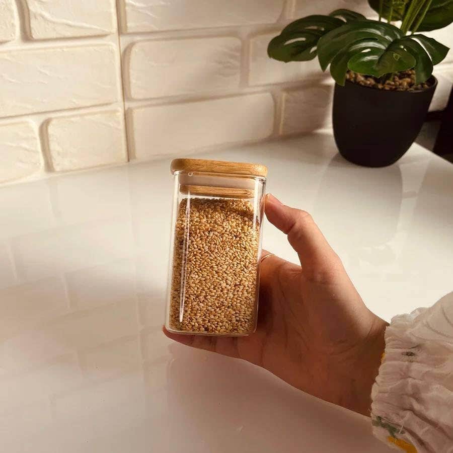 Glass Spice Jar with Bamboo Lid - Airtight Square Container - 200ml Glass Seasoning Storage Jar