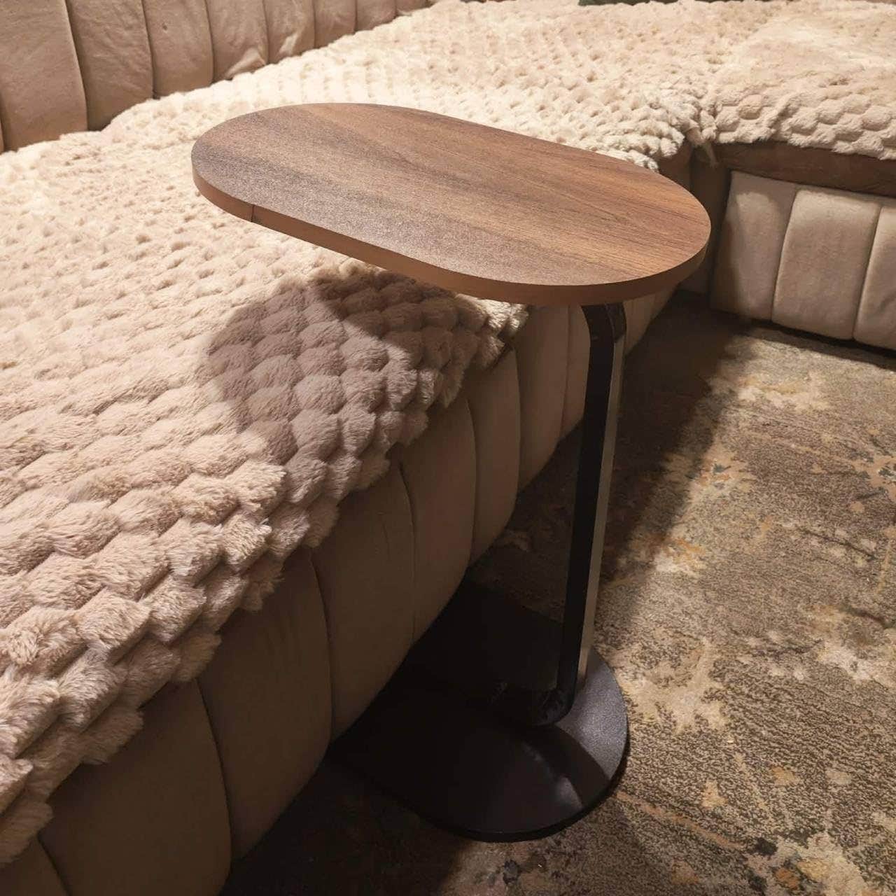 Modern C-Shaped Side Table with Sliding Design | Metal Frame, Wood Surface | Black/Brown | Living Room Furniture