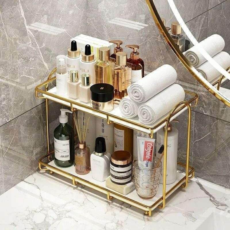 Gold 2-Tier Makeup Organizer Stand with Marble Base - Rustproof Cosmetic Storage Rack for Perfume, Skincare Products - Vanity Shelf