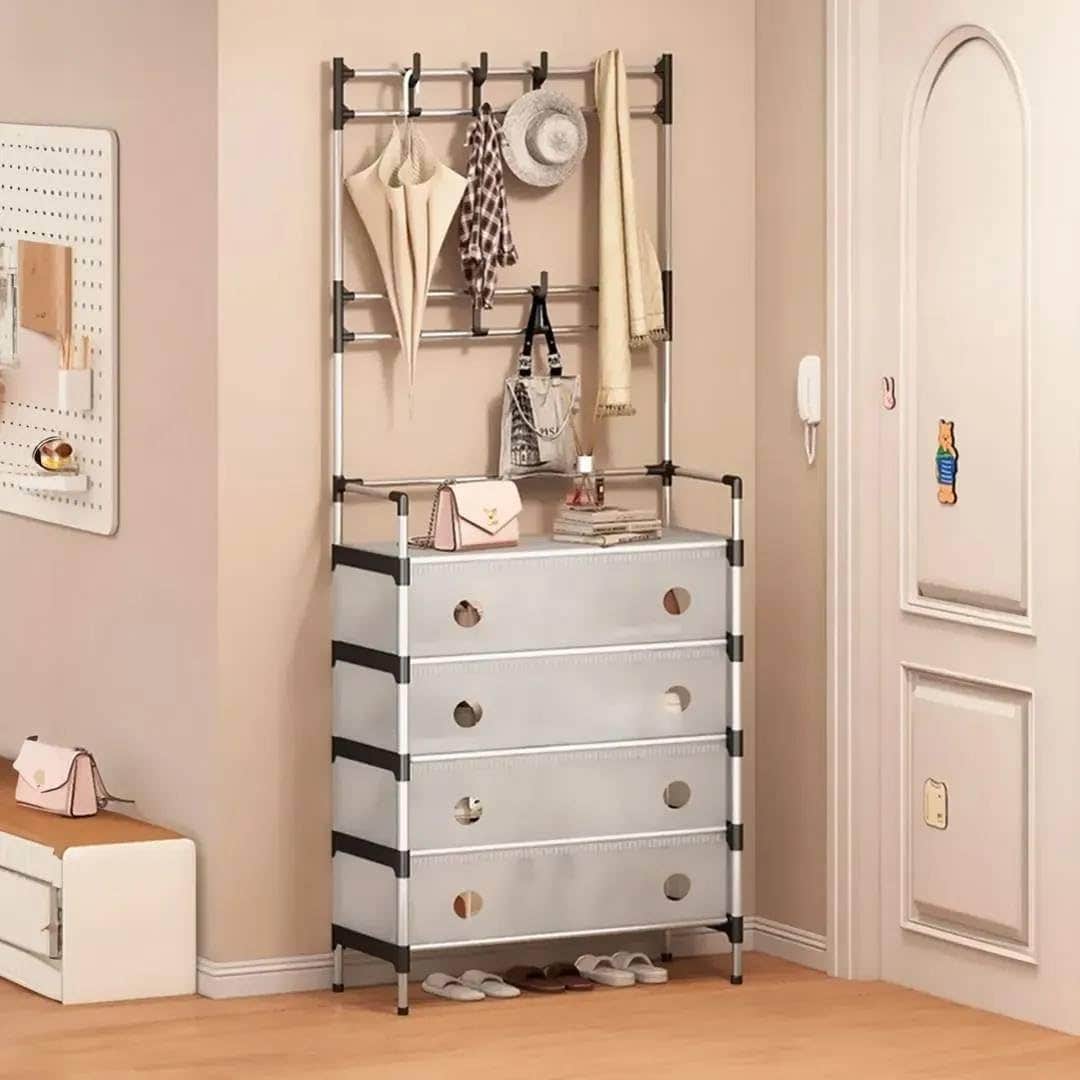 Modern Metal Storage Shelf with Drawers, Hooks - Entryway & Bedroom Organizer