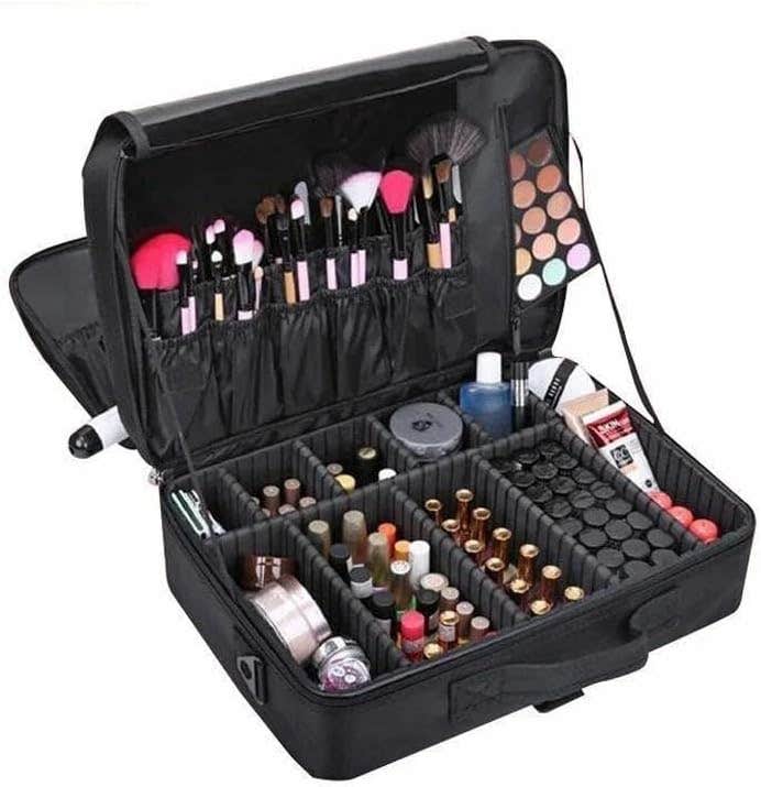 Black Polyester Cosmetic Organizer Bag with Adjustable Dividers - Travel Makeup Storage - Waterproof - Generic Brand