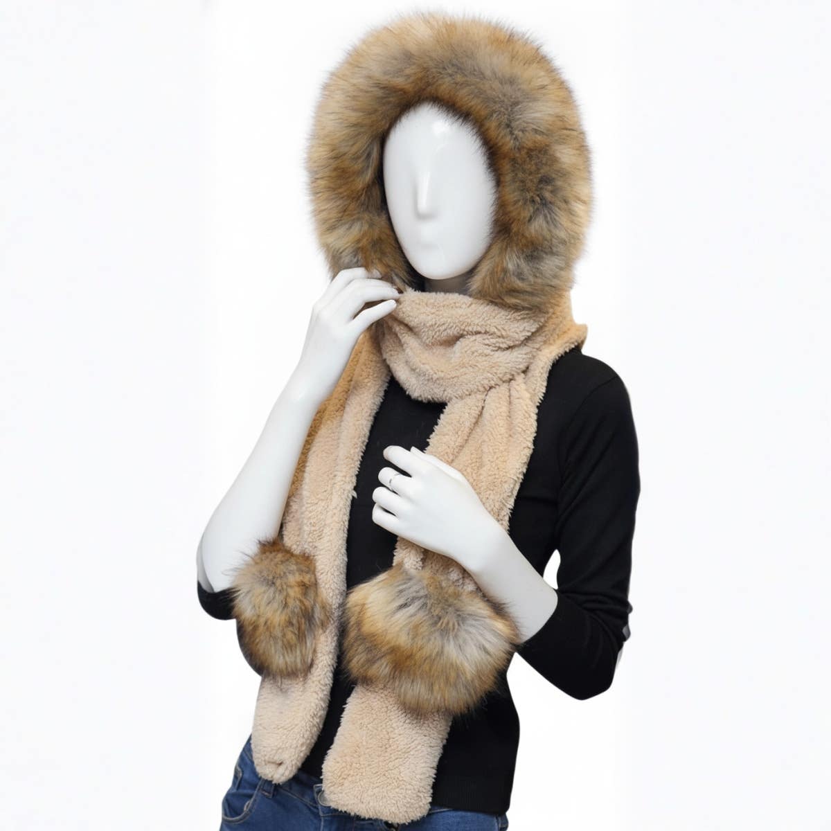 XINCHIA Women's 3-in-1 Faux Fur Hooded Scarf Gloves Set - Winter Warm Earmuff Mittens