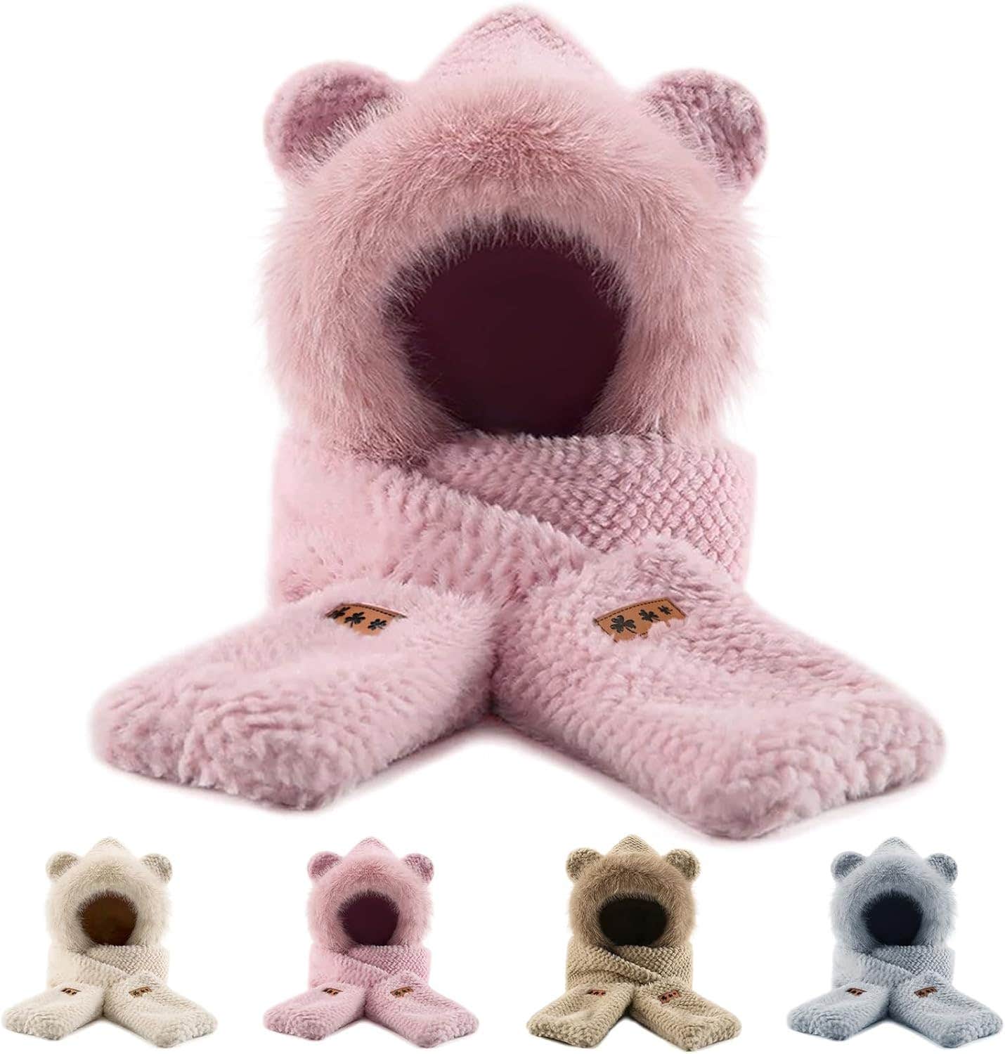 Hooded Scarf for Women Winter, Cute Bear Ear Hat Scarf 3 in 1 Faux Fur Gloves Set, Pink