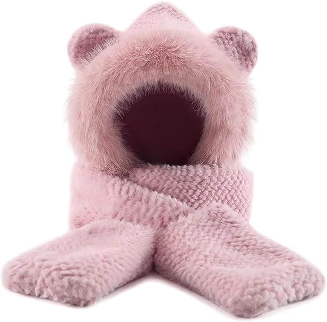 Winter Hooded Scarf for Women Cute Bear Ear Hat Scarf 3 in 1 Faux Fur Gloves Set Soft Warm Hat with Mittens