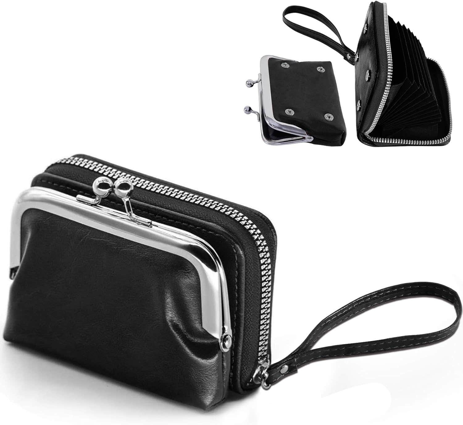 SKvoen 2-in-1 Women's PU Leather Wallet with 12 Card Slots - Black