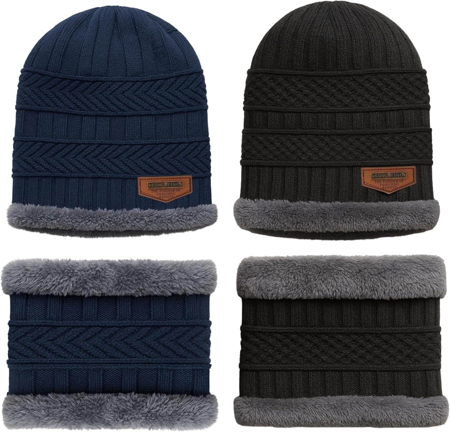 RASAON Men's Winter Beanie Hat Scarf Set - Fleece Lined, Warm Knit, Black & Blue