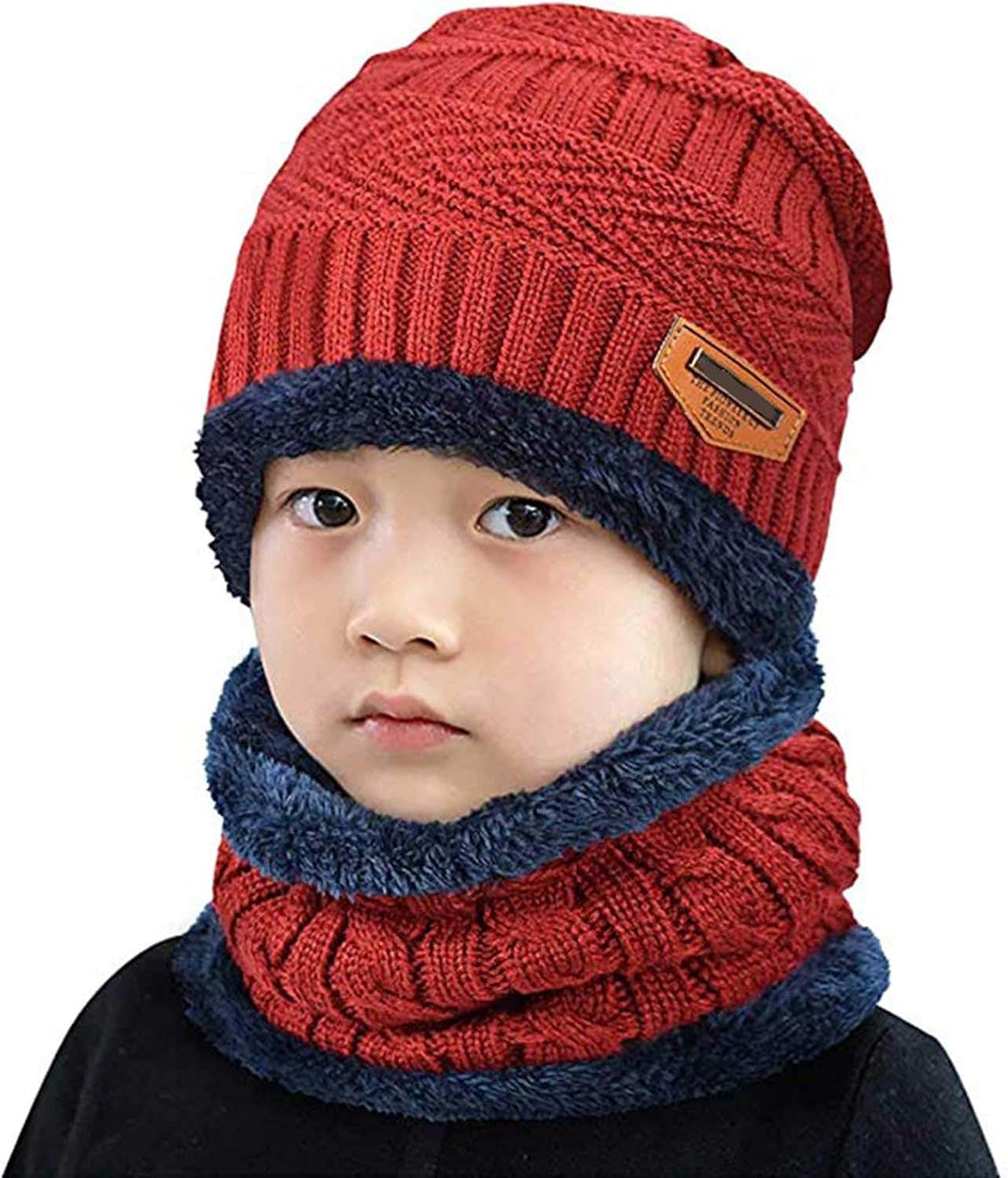 Kids Winter Warm Knitted Beanie Hat Scarf and Wool Lining Scarf Set Knitted Hats and Scarf for Children (Kid-Red)