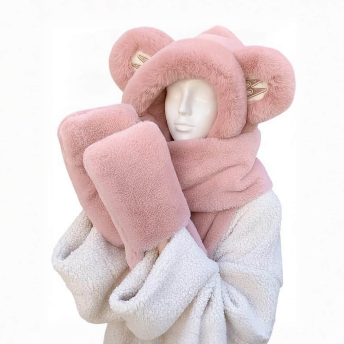 Richmen Women's Winter Woolen Beanie Set | Soft Fleece Velvet Fur Gloves & Scarf