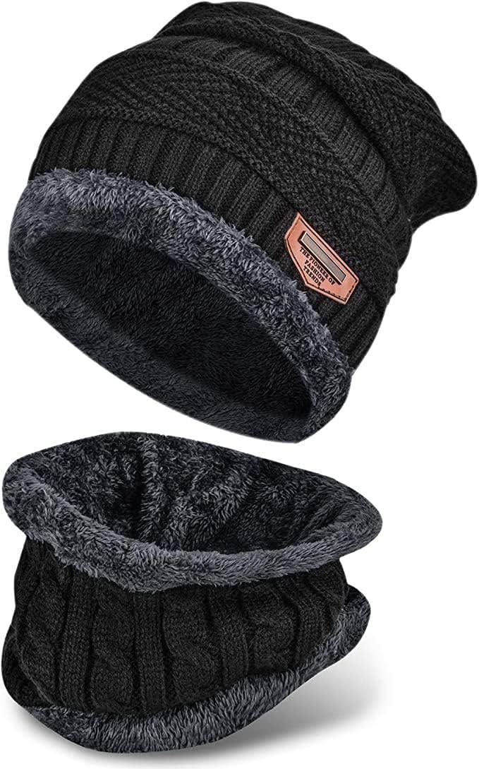 JOGAMS Knit Beanie Hat and Circle Scarf Set - Warm Fleece Liner - Outdoor Sports Gift