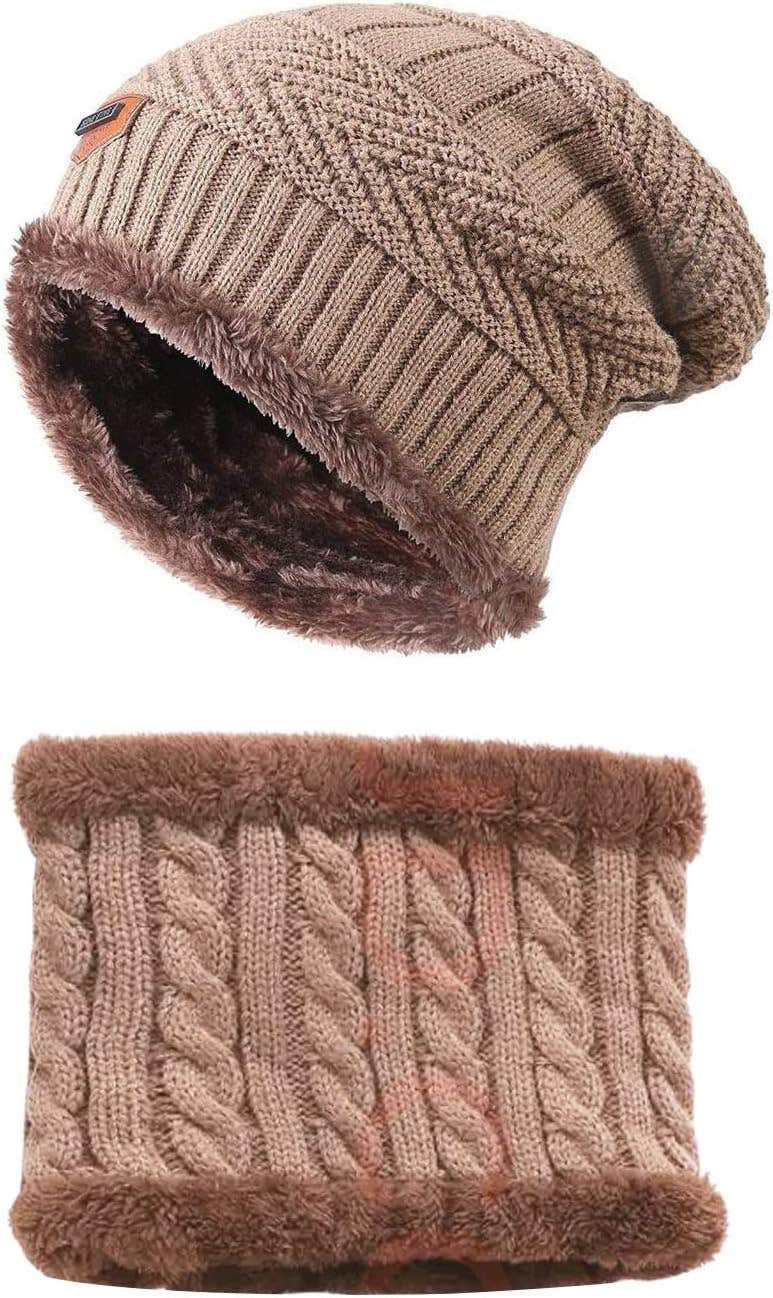 CICITOYWO Winter Beanie Hat & Scarf Set, Warm Knitted Cap Fleece Lining Skull Caps Snow Skiing Hat for Men Women Unisex (Khaki)
