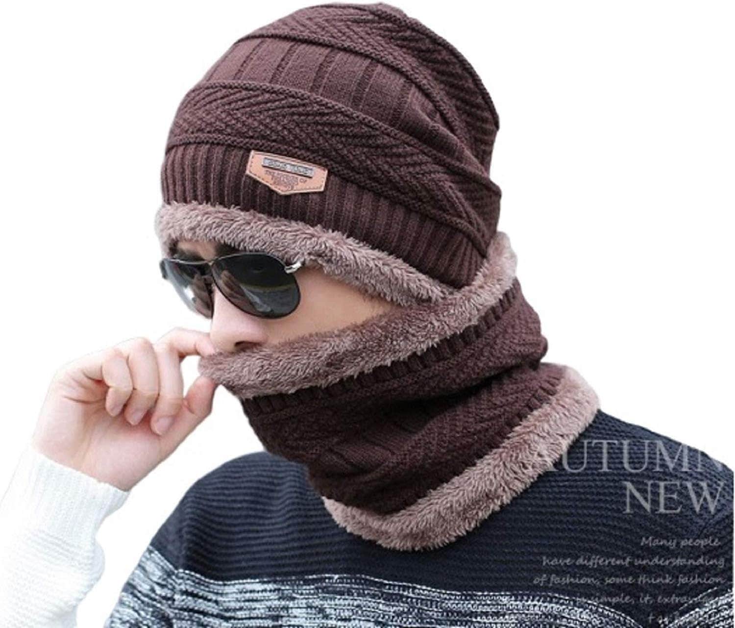 DIGITAL SHOPEE 2 Pieces Winter Cap Neck Scarf Set Warm Knitted Fur Lined for Men & Women Free Size(Brown)
