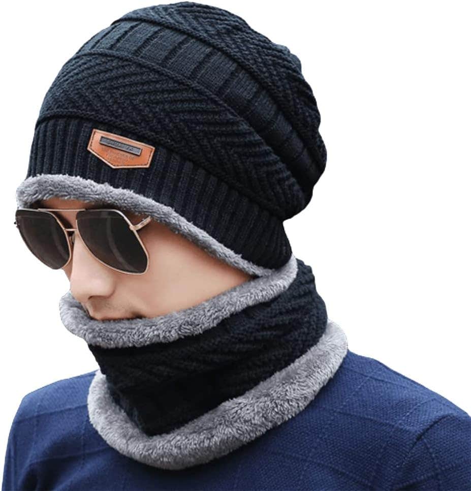 Knitted Beanie Hat Scarf Set Fleece Lined for Men and Women, Black, One size