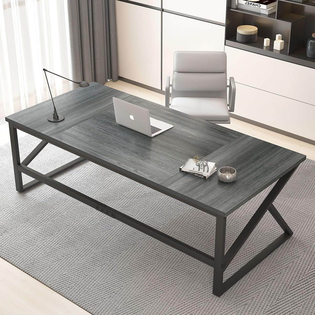 HSH Industrial Metal Wood 2-Person Desk, 70 Inch Dark Gray Oak