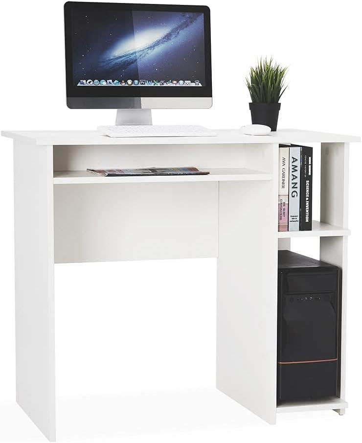Meerveil Computer Desk, Office Desk with 2 Open Shelves for Small Space Game Study Office, 85 x 45 x 75 cm, White